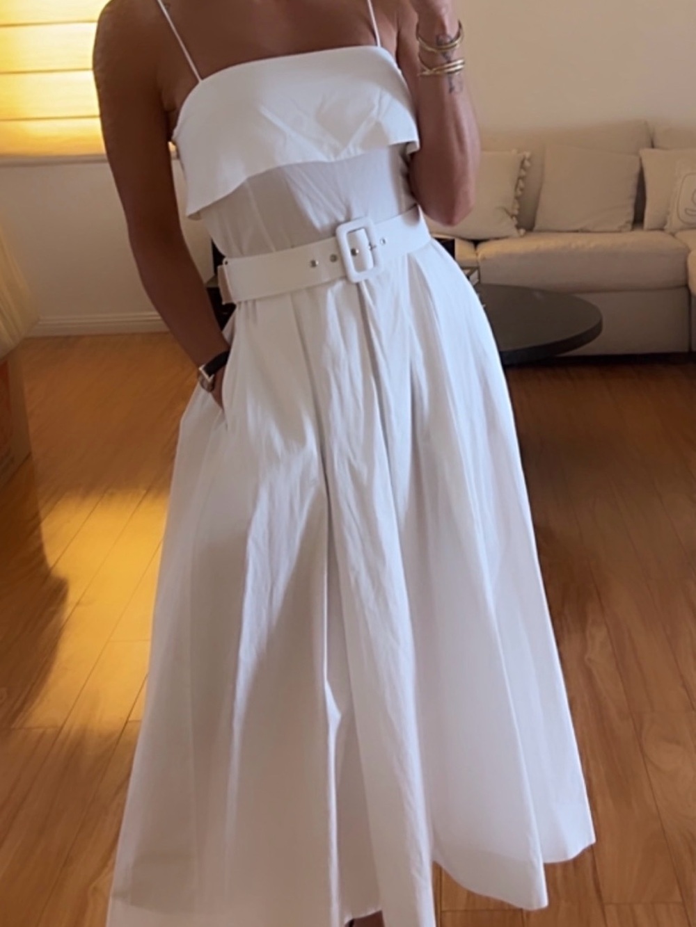 Mango White A-Line Midi Skirt with Wide Belt